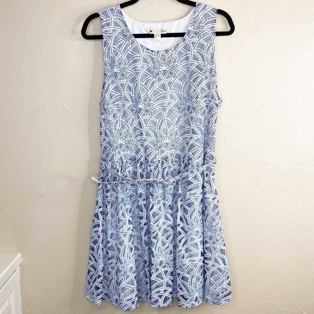 Yumi Kim Blue White Lace Belted Fit &‎ Flare Dress